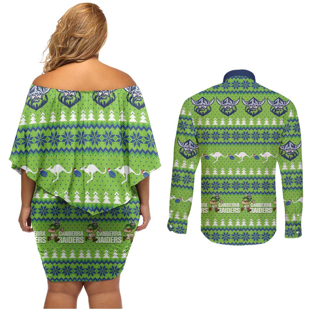 Raiders Rugby Christmas Couples Matching Off Shoulder Short Dress and Long Sleeve Button Shirt Merry Xmas Canberra Cardigan Style - Aussie Hoodie