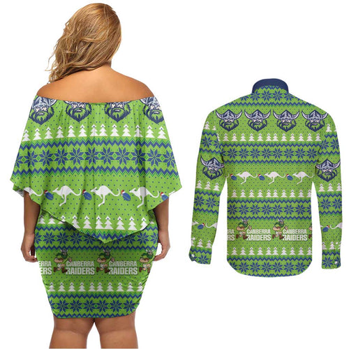 Raiders Rugby Christmas Couples Matching Off Shoulder Short Dress and Long Sleeve Button Shirt Merry Xmas Canberra Cardigan Style - Aussie Hoodie