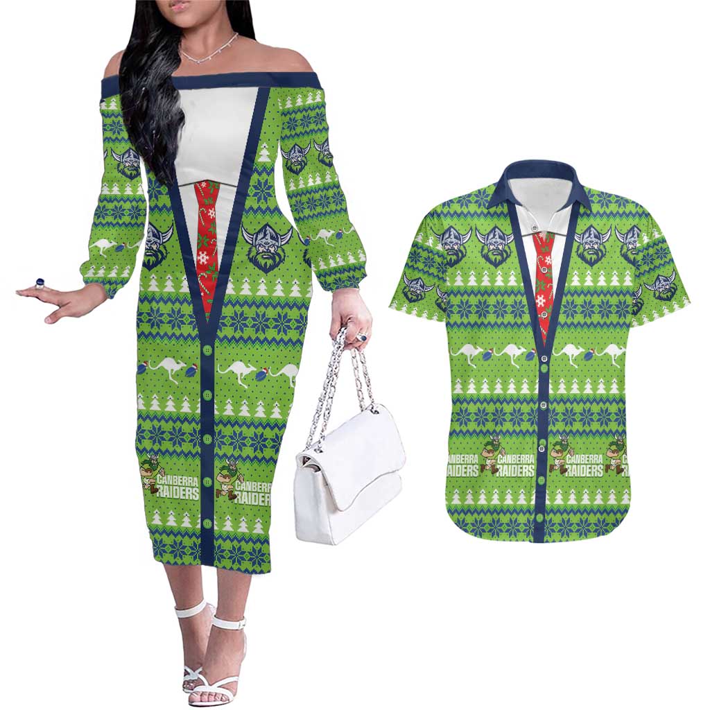 Raiders Rugby Christmas Couples Matching Off The Shoulder Long Sleeve Dress and Hawaiian Shirt Merry Xmas Canberra Cardigan Style - Aussie Hoodie