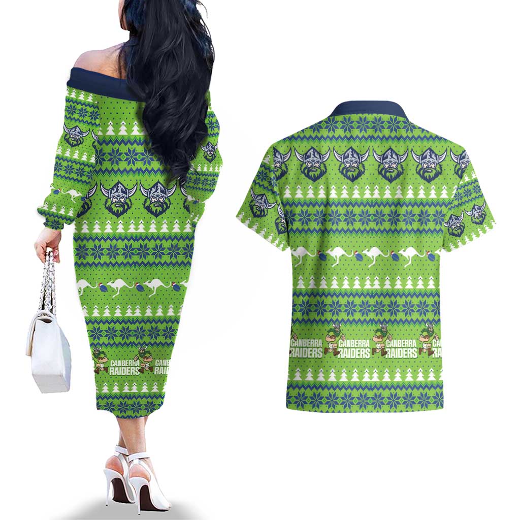 Raiders Rugby Christmas Couples Matching Off The Shoulder Long Sleeve Dress and Hawaiian Shirt Merry Xmas Canberra Cardigan Style - Aussie Hoodie