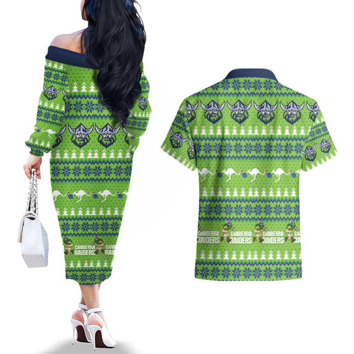 Raiders Rugby Christmas Couples Matching Off The Shoulder Long Sleeve Dress and Hawaiian Shirt Merry Xmas Canberra Cardigan Style - Aussie Hoodie