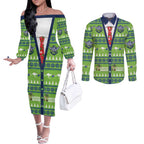 Raiders Rugby Christmas Couples Matching Off The Shoulder Long Sleeve Dress and Long Sleeve Button Shirt Merry Xmas Canberra Cardigan Style - Aussie Hoodie