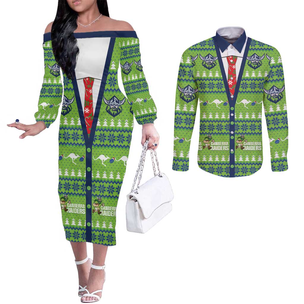 Raiders Rugby Christmas Couples Matching Off The Shoulder Long Sleeve Dress and Long Sleeve Button Shirt Merry Xmas Canberra Cardigan Style - Aussie Hoodie
