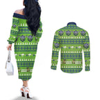 Raiders Rugby Christmas Couples Matching Off The Shoulder Long Sleeve Dress and Long Sleeve Button Shirt Merry Xmas Canberra Cardigan Style - Aussie Hoodie