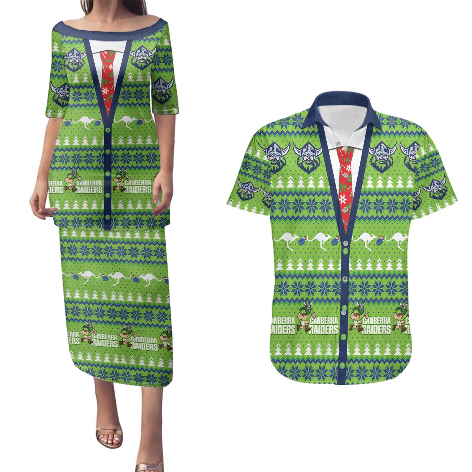Raiders Rugby Christmas Couples Matching Puletasi and Hawaiian Shirt Merry Xmas Canberra Cardigan Style - Aussie Hoodie