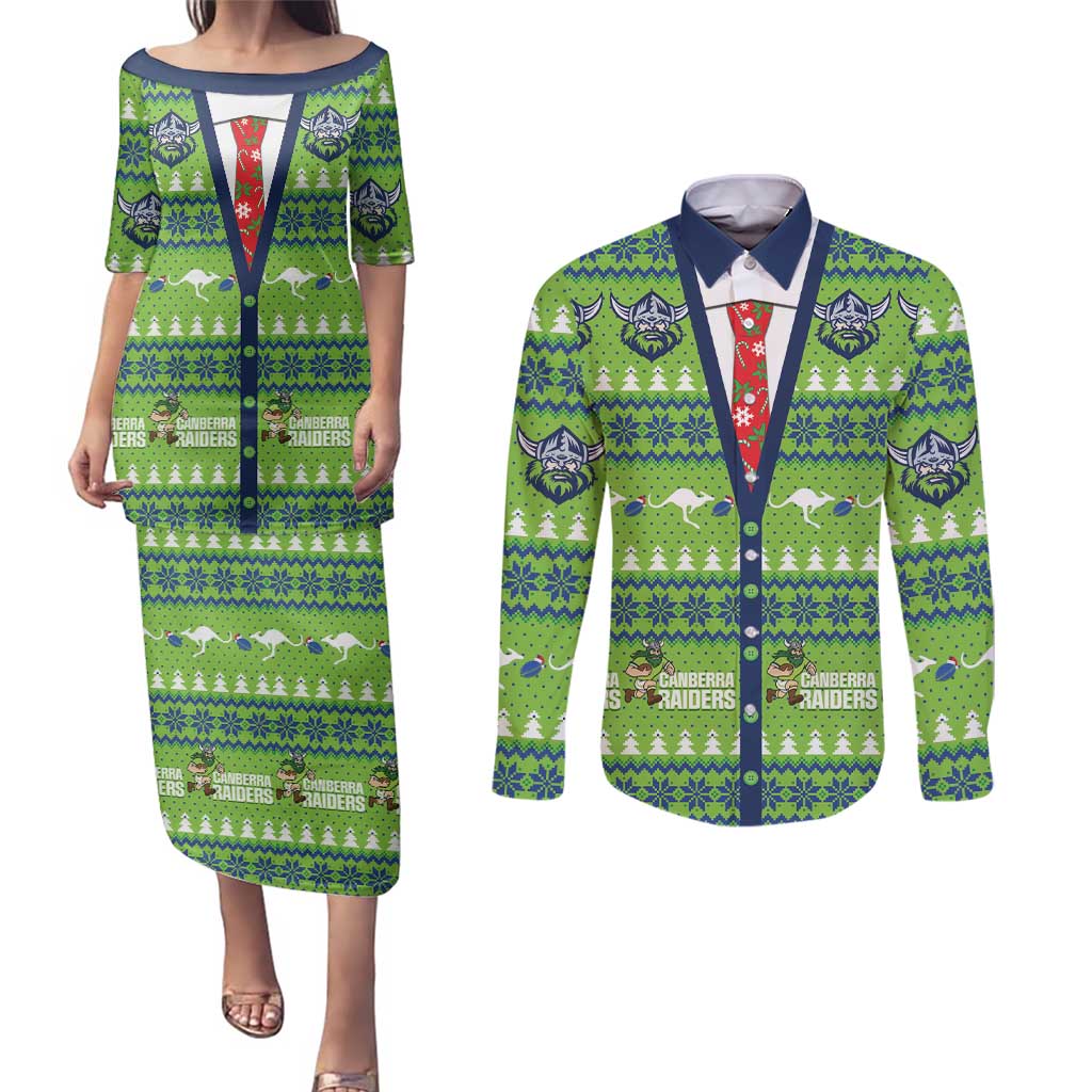 Raiders Rugby Christmas Couples Matching Puletasi and Long Sleeve Button Shirt Merry Xmas Canberra Cardigan Style - Aussie Hoodie