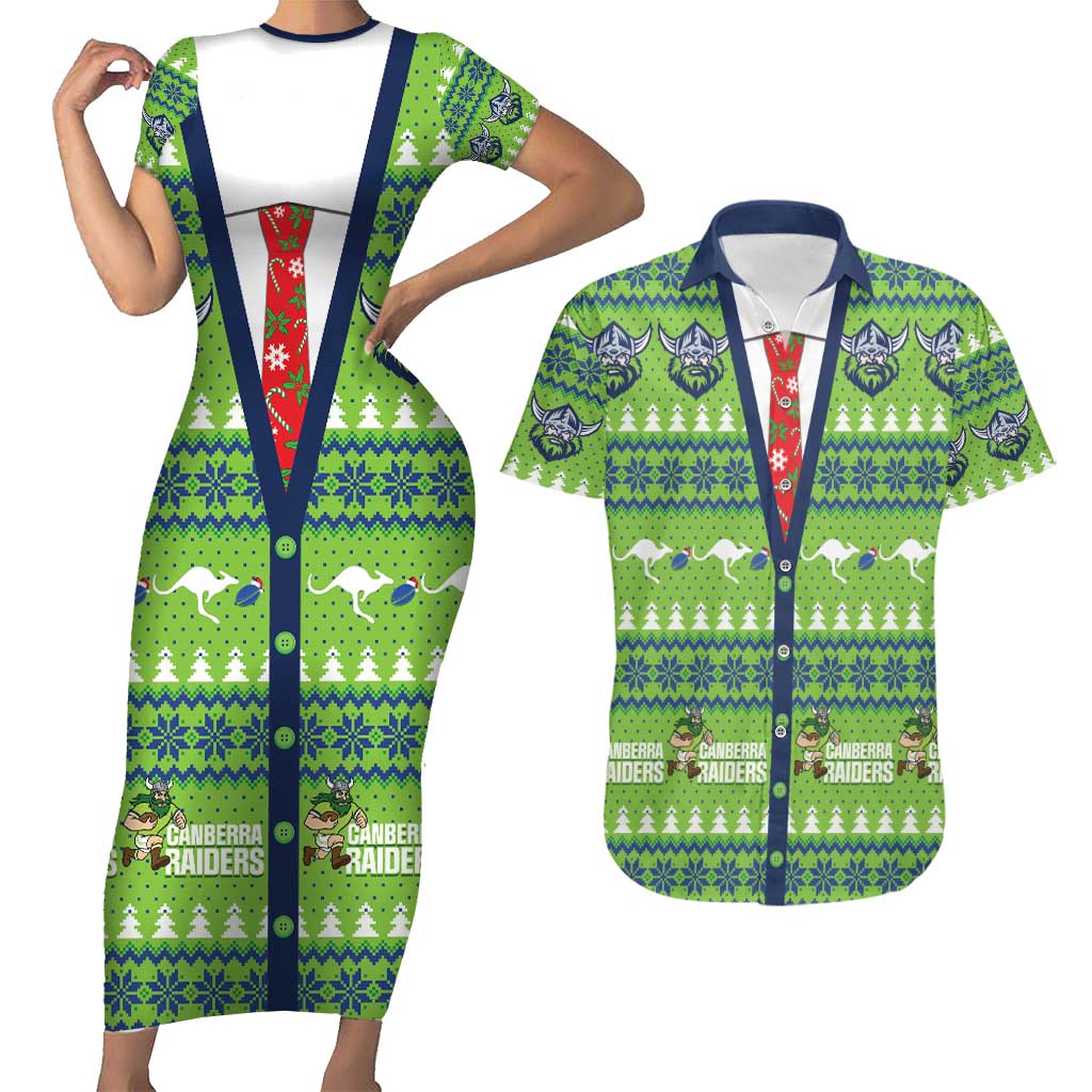 Raiders Rugby Christmas Couples Matching Short Sleeve Bodycon Dress and Hawaiian Shirt Merry Xmas Canberra Cardigan Style - Aussie Hoodie