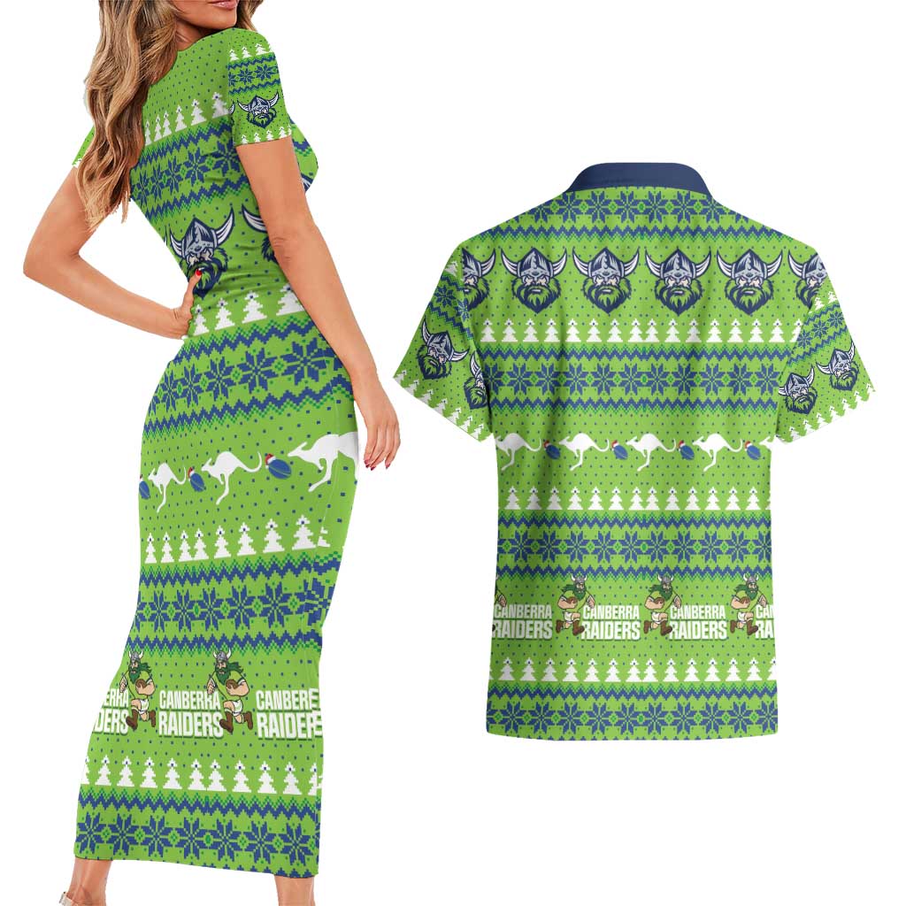 Raiders Rugby Christmas Couples Matching Short Sleeve Bodycon Dress and Hawaiian Shirt Merry Xmas Canberra Cardigan Style - Aussie Hoodie