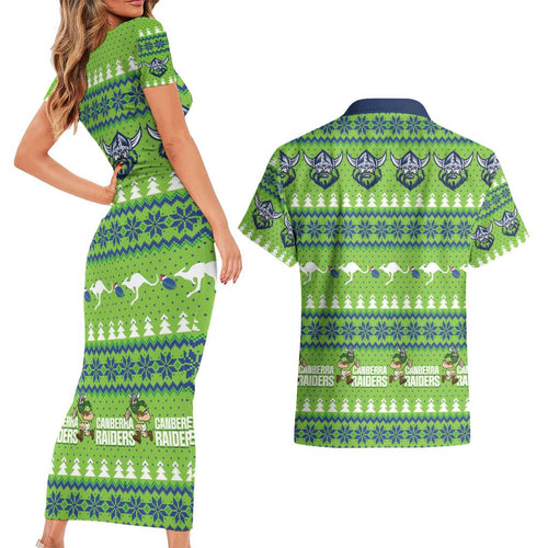 Raiders Rugby Christmas Couples Matching Short Sleeve Bodycon Dress and Hawaiian Shirt Merry Xmas Canberra Cardigan Style - Aussie Hoodie