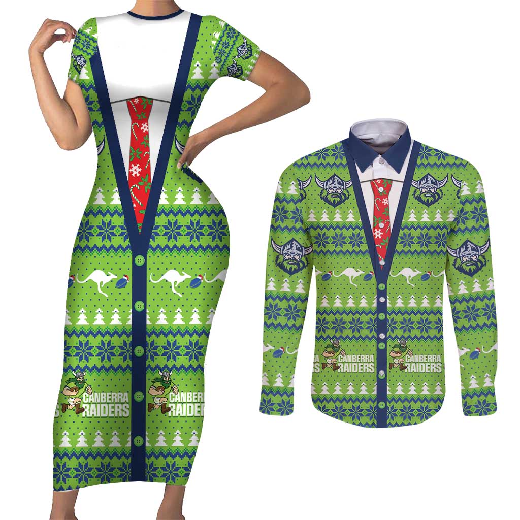 Raiders Rugby Christmas Couples Matching Short Sleeve Bodycon Dress and Long Sleeve Button Shirt Merry Xmas Canberra Cardigan Style - Aussie Hoodie