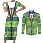Raiders Rugby Christmas Couples Matching Short Sleeve Bodycon Dress and Long Sleeve Button Shirt Merry Xmas Canberra Cardigan Style - Aussie Hoodie