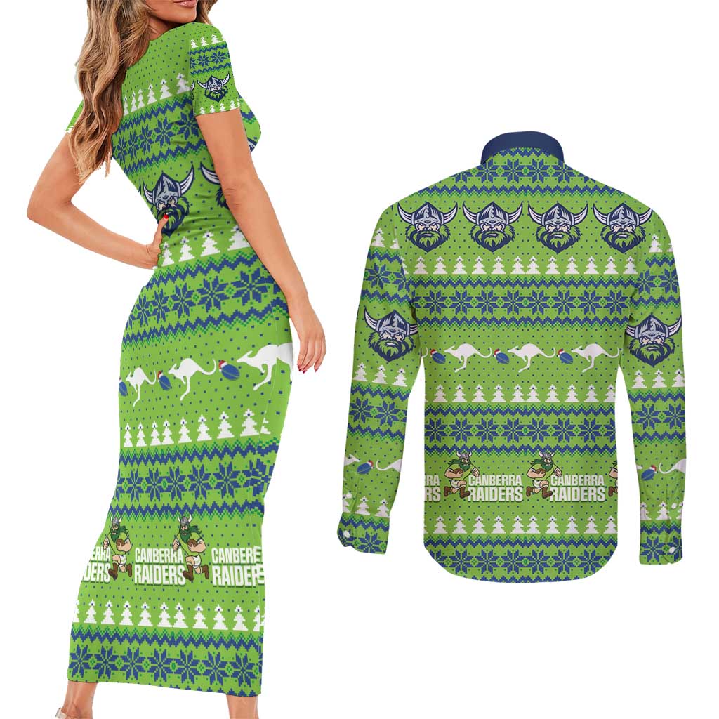 Raiders Rugby Christmas Couples Matching Short Sleeve Bodycon Dress and Long Sleeve Button Shirt Merry Xmas Canberra Cardigan Style - Aussie Hoodie