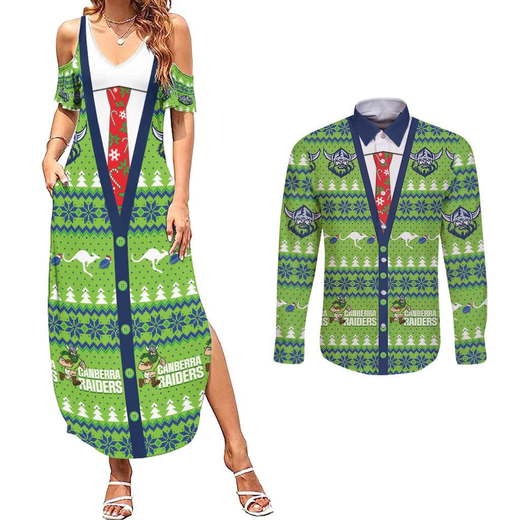 Raiders Rugby Christmas Couples Matching Summer Maxi Dress and Long Sleeve Button Shirt Merry Xmas Canberra Cardigan Style - Aussie Hoodie