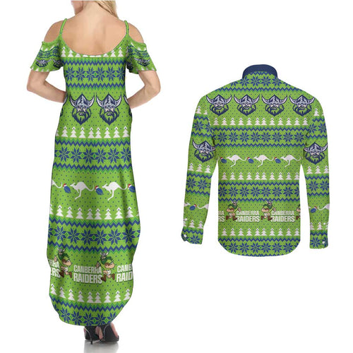 Raiders Rugby Christmas Couples Matching Summer Maxi Dress and Long Sleeve Button Shirt Merry Xmas Canberra Cardigan Style - Aussie Hoodie