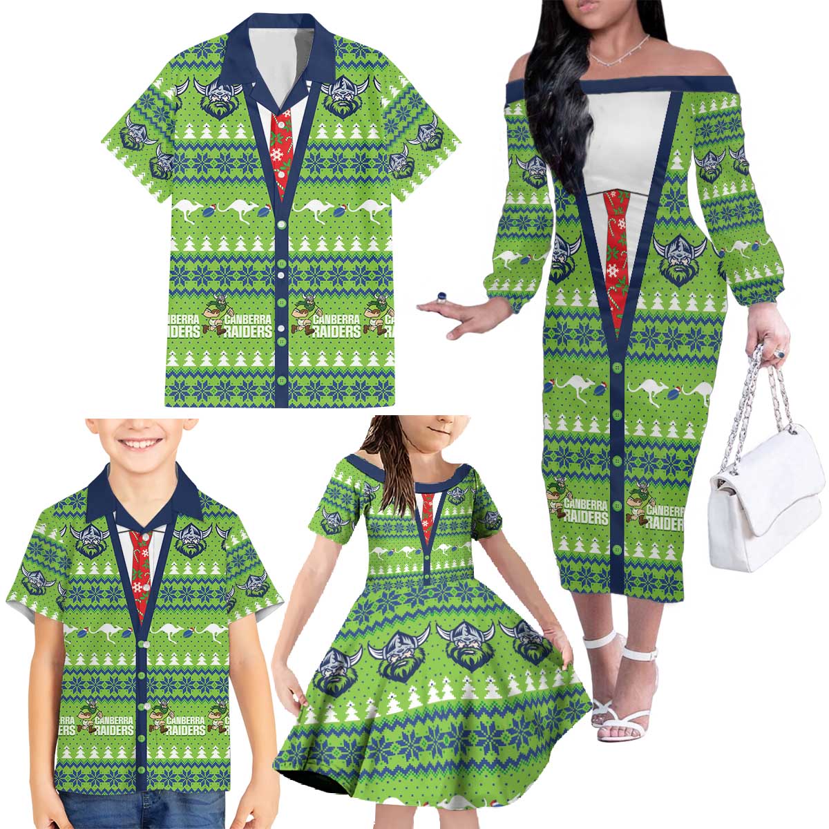 Raiders Rugby Christmas Family Matching Off The Shoulder Long Sleeve Dress and Hawaiian Shirt Merry Xmas Canberra Cardigan Style - Aussie Hoodie