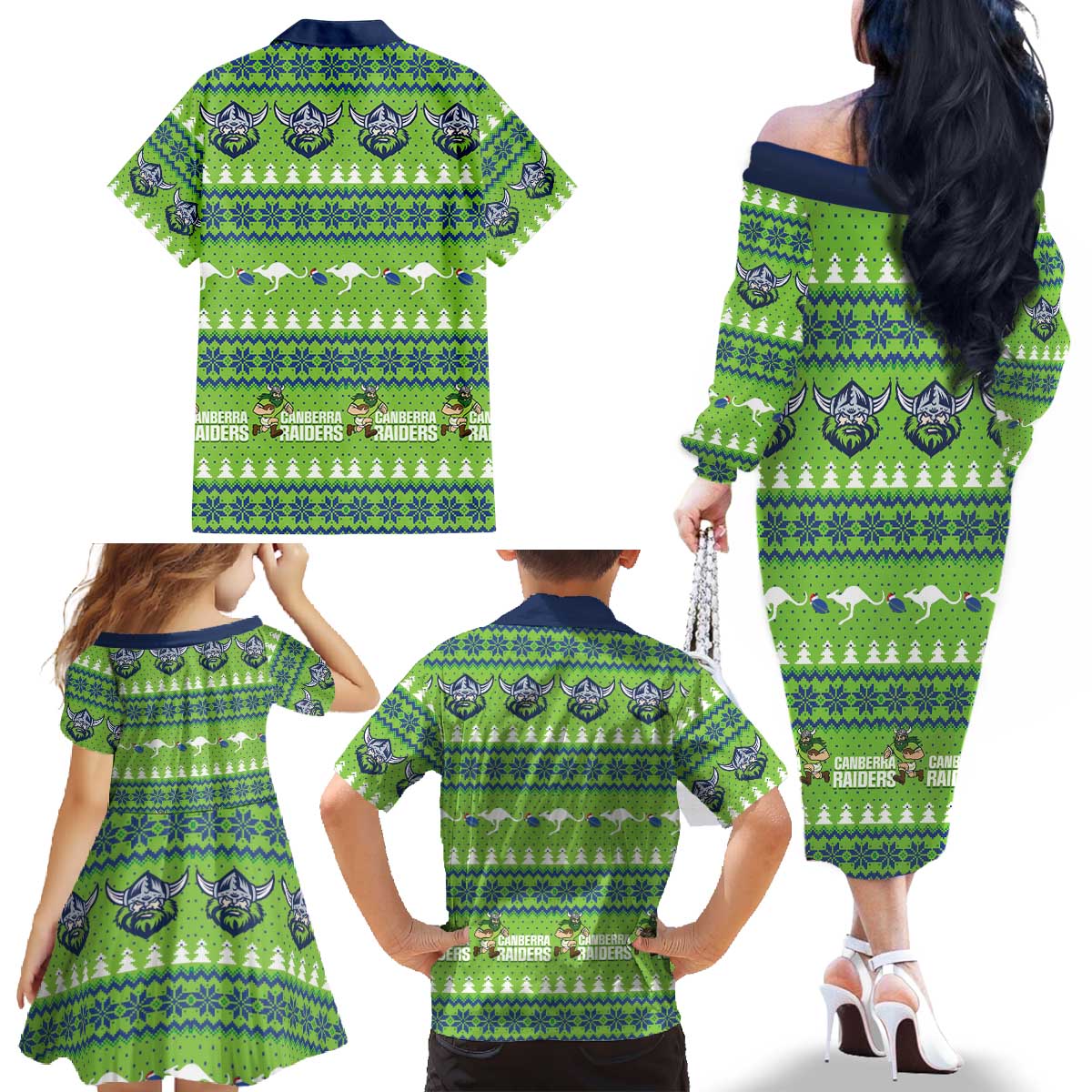 Raiders Rugby Christmas Family Matching Off The Shoulder Long Sleeve Dress and Hawaiian Shirt Merry Xmas Canberra Cardigan Style - Aussie Hoodie