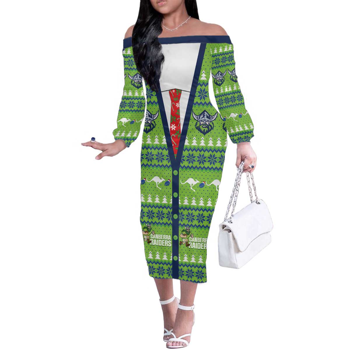 Raiders Rugby Christmas Family Matching Off The Shoulder Long Sleeve Dress and Hawaiian Shirt Merry Xmas Canberra Cardigan Style - Aussie Hoodie