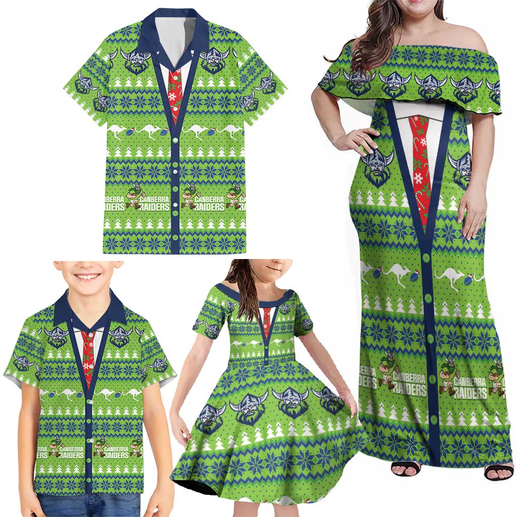 Raiders Rugby Christmas Family Matching Off Shoulder Maxi Dress and Hawaiian Shirt Merry Xmas Canberra Cardigan Style - Aussie Hoodie