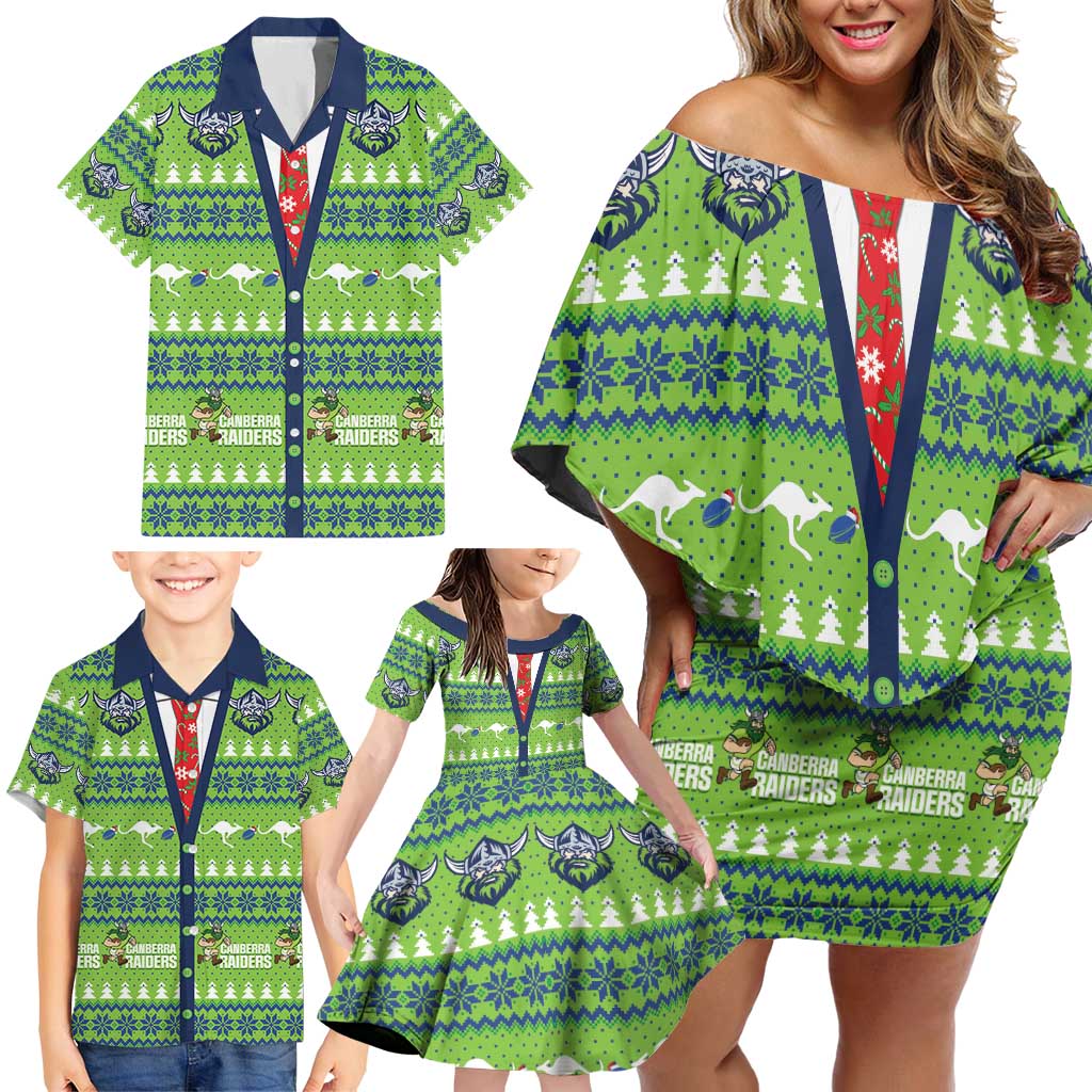 Raiders Rugby Christmas Family Matching Off Shoulder Short Dress and Hawaiian Shirt Merry Xmas Canberra Cardigan Style - Aussie Hoodie