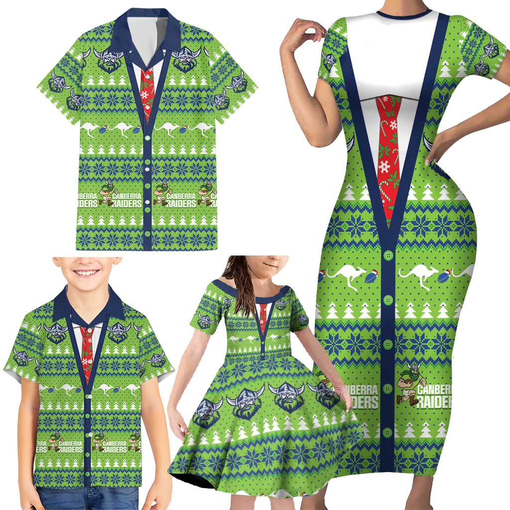 Raiders Rugby Christmas Family Matching Short Sleeve Bodycon Dress and Hawaiian Shirt Merry Xmas Canberra Cardigan Style - Aussie Hoodie
