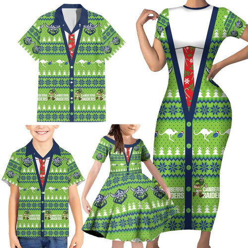 Raiders Rugby Christmas Family Matching Short Sleeve Bodycon Dress and Hawaiian Shirt Merry Xmas Canberra Cardigan Style - Aussie Hoodie