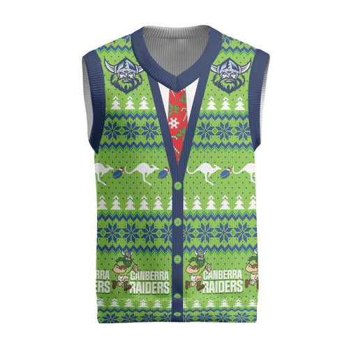Raiders Rugby Christmas Knitted V-Neck Vest Merry Xmas Canberra Cardigan Style - Aussie Hoodie