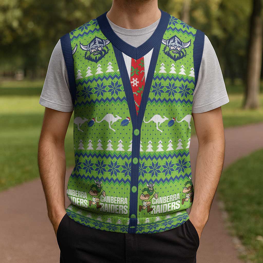 Raiders Rugby Christmas Knitted V-Neck Vest Merry Xmas Canberra Cardigan Style - Aussie Hoodie