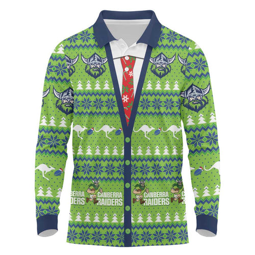 Raiders Rugby Christmas Long Sleeve Polo Shirt Merry Xmas Canberra Cardigan Style - Aussie Hoodie