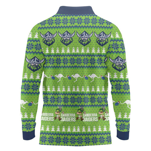Raiders Rugby Christmas Long Sleeve Polo Shirt Merry Xmas Canberra Cardigan Style - Aussie Hoodie