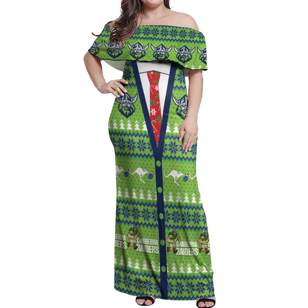 Raiders Rugby Christmas Off Shoulder Maxi Dress Merry Xmas Canberra Cardigan Style - Aussie Hoodie