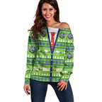 Raiders Rugby Christmas Off Shoulder Sweater Merry Xmas Canberra Cardigan Style - Aussie Hoodie