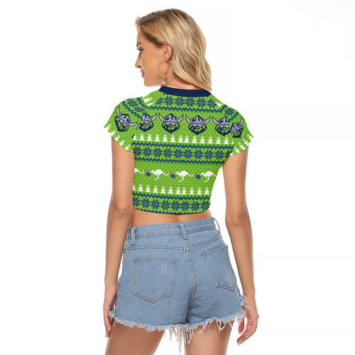 Raiders Rugby Christmas Raglan Cropped T Shirt Merry Xmas Canberra Cardigan Style - Aussie Hoodie