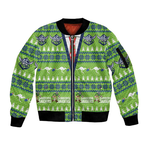 Raiders Rugby Christmas Sleeve Zip Bomber Jacket Merry Xmas Canberra Cardigan Style - Aussie Hoodie
