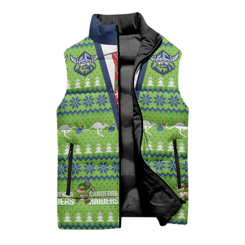 Raiders Rugby Christmas Sleeveless Puffer Jacket Merry Xmas Canberra Cardigan Style - Aussie Hoodie