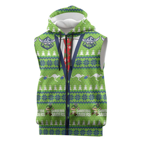 Raiders Rugby Christmas Sleeveless Zip Hoodie Merry Xmas Canberra Cardigan Style LT14