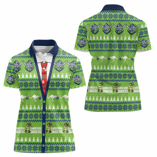Raiders Rugby Christmas Women Polo Shirt Merry Xmas Canberra Cardigan Style - Aussie Hoodie