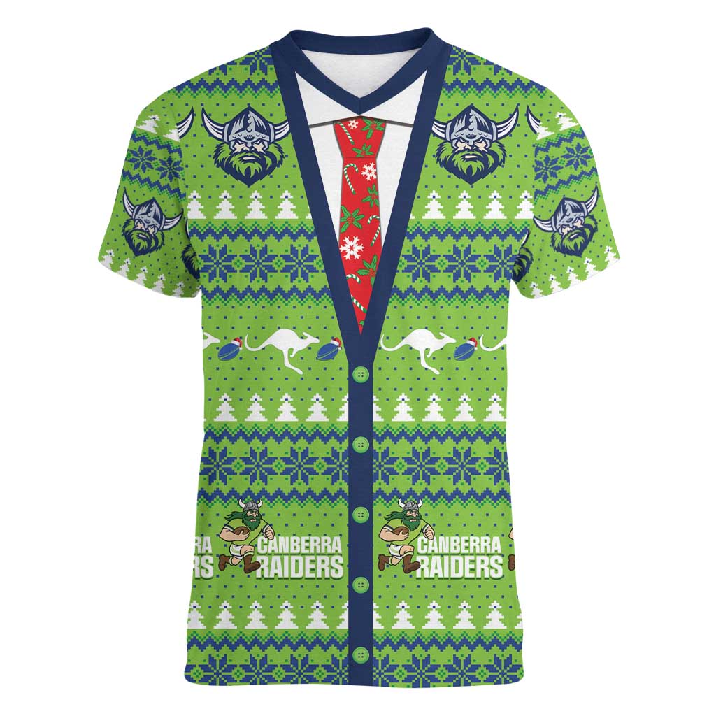 Raiders Rugby Christmas Women V-Neck T-Shirt Merry Xmas Canberra Cardigan Style - Aussie Hoodie