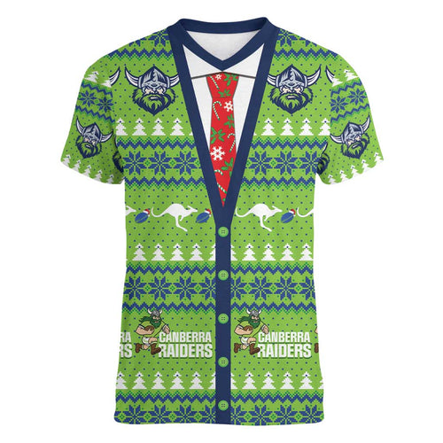 Raiders Rugby Christmas Women V-Neck T-Shirt Merry Xmas Canberra Cardigan Style - Aussie Hoodie