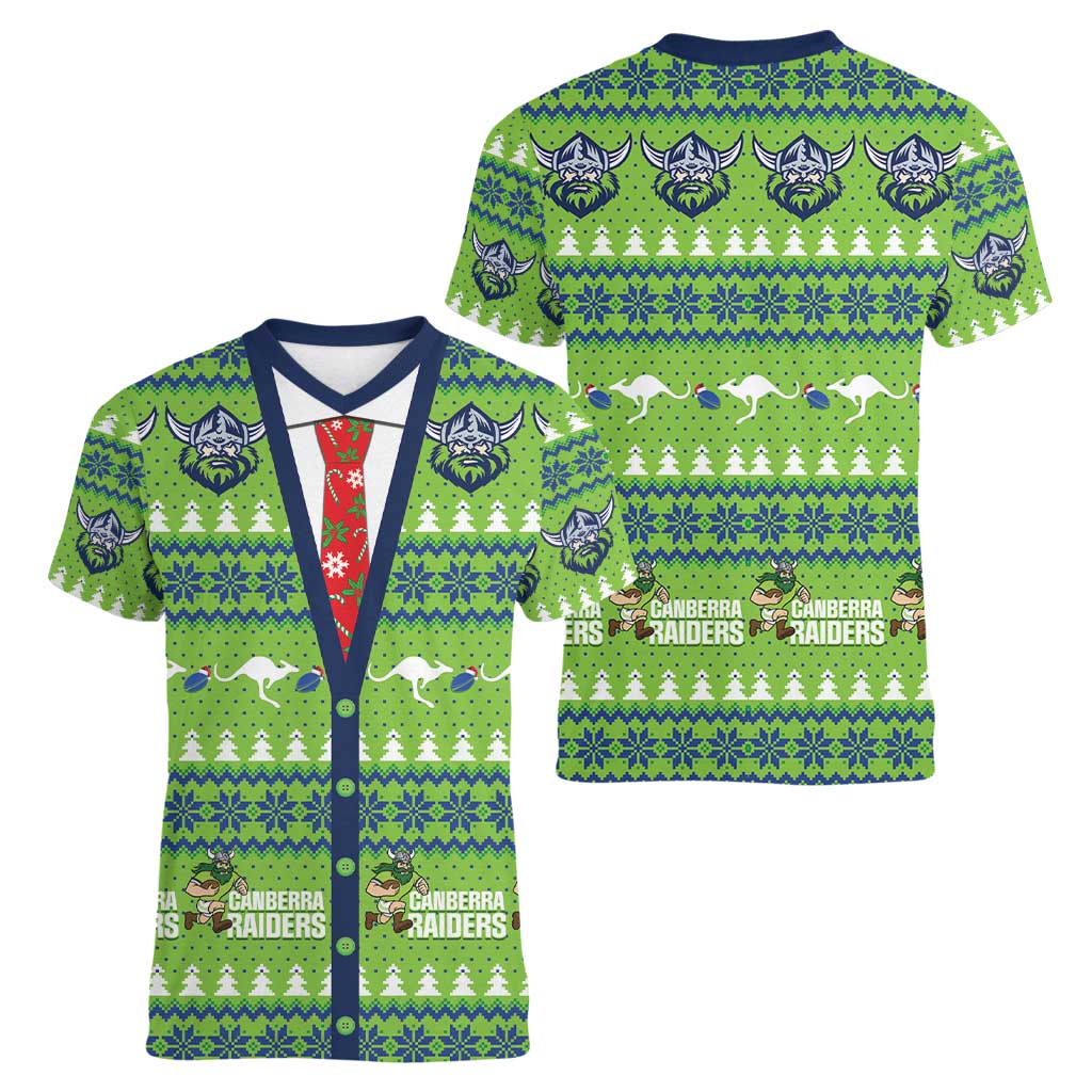 Raiders Rugby Christmas Women V-Neck T-Shirt Merry Xmas Canberra Cardigan Style - Aussie Hoodie