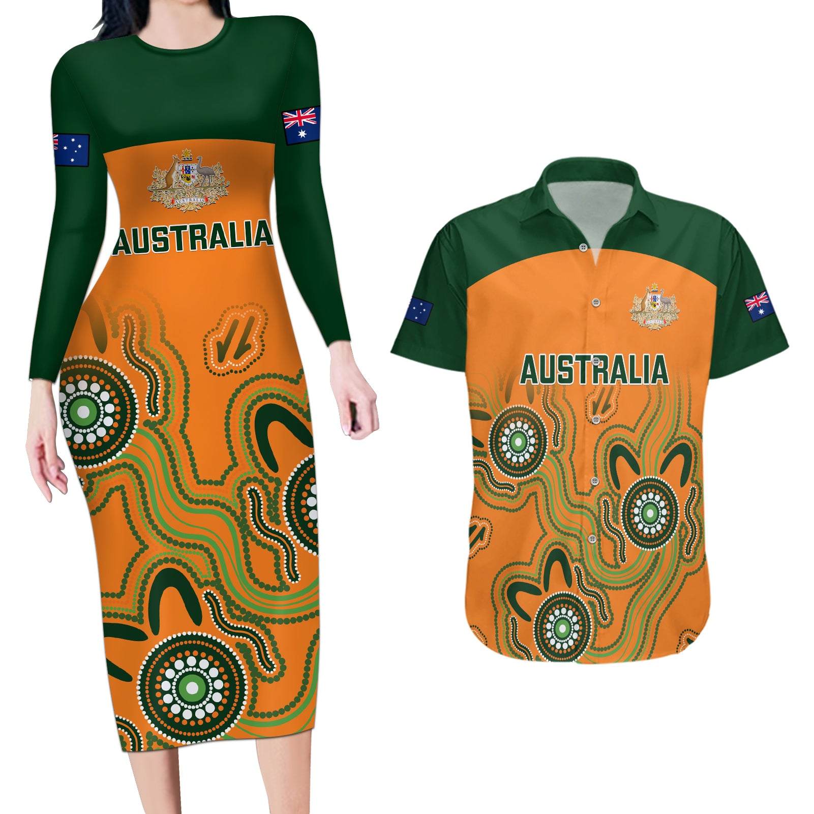 australia-rugby-couples-matching-long-sleeve-bodycon-dress-and-hawaiian-shirt-wallabies-2023-indigenous-art