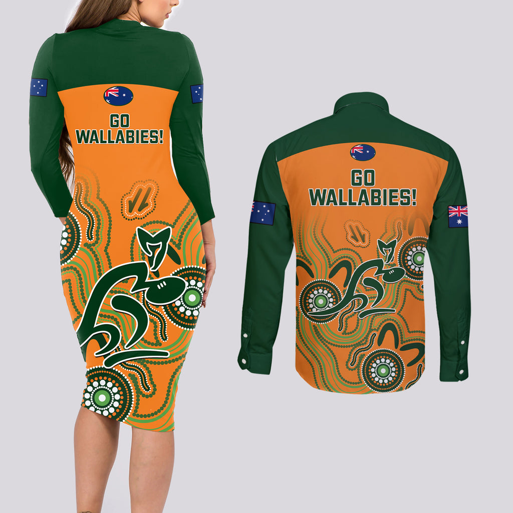 australia-rugby-couples-matching-long-sleeve-bodycon-dress-and-long-sleeve-button-shirts-wallabies-2023-indigenous-art
