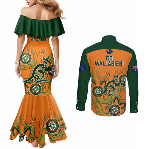 australia-rugby-couples-matching-mermaid-dress-and-long-sleeve-button-shirts-wallabies-2023-indigenous-art