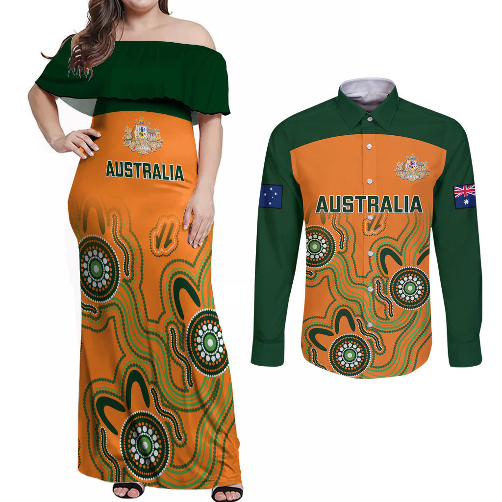 australia-rugby-couples-matching-off-shoulder-maxi-dress-and-long-sleeve-button-shirts-wallabies-2023-indigenous-art
