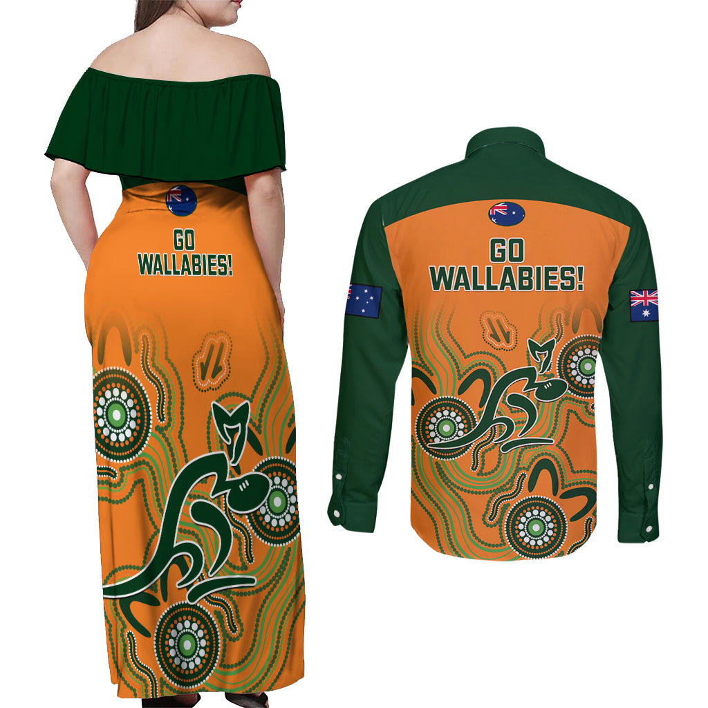 australia-rugby-couples-matching-off-shoulder-maxi-dress-and-long-sleeve-button-shirts-wallabies-2023-indigenous-art