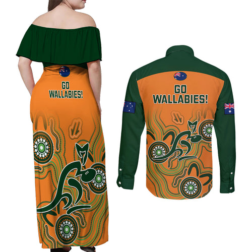 australia-rugby-couples-matching-off-shoulder-maxi-dress-and-long-sleeve-button-shirts-wallabies-2023-indigenous-art