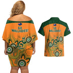 australia-rugby-couples-matching-off-shoulder-short-dress-and-hawaiian-shirt-wallabies-2023-indigenous-art