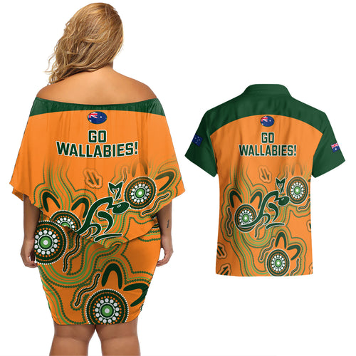 australia-rugby-couples-matching-off-shoulder-short-dress-and-hawaiian-shirt-wallabies-2023-indigenous-art