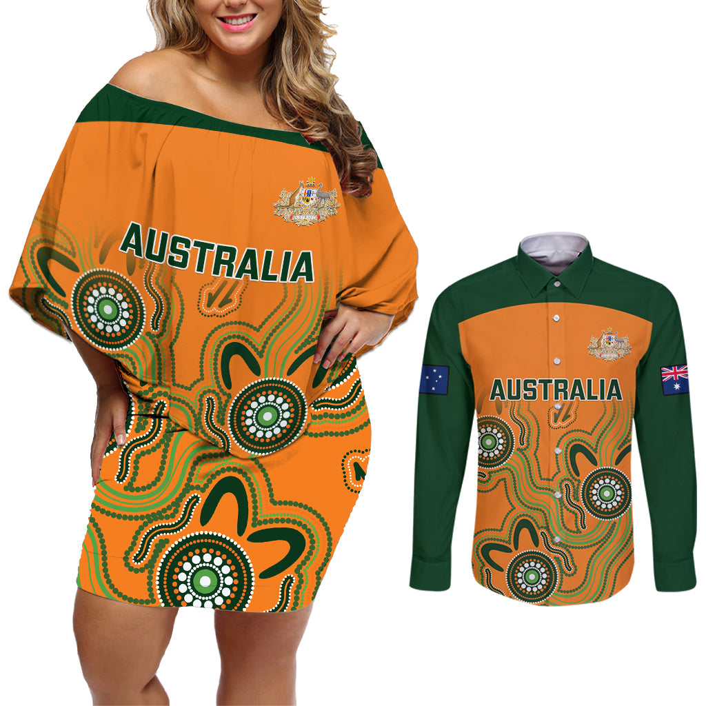 australia-rugby-couples-matching-off-shoulder-short-dress-and-long-sleeve-button-shirts-wallabies-2023-indigenous-art