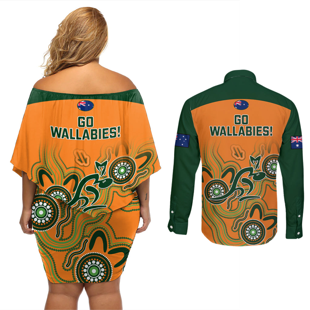 australia-rugby-couples-matching-off-shoulder-short-dress-and-long-sleeve-button-shirts-wallabies-2023-indigenous-art