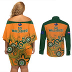 australia-rugby-couples-matching-off-shoulder-short-dress-and-long-sleeve-button-shirts-wallabies-2023-indigenous-art
